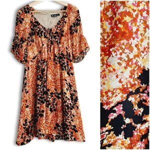 KENZIE Pretty / 100% Silk Flowy V-Neck Midi Knee Length Dress Abstract Floral M